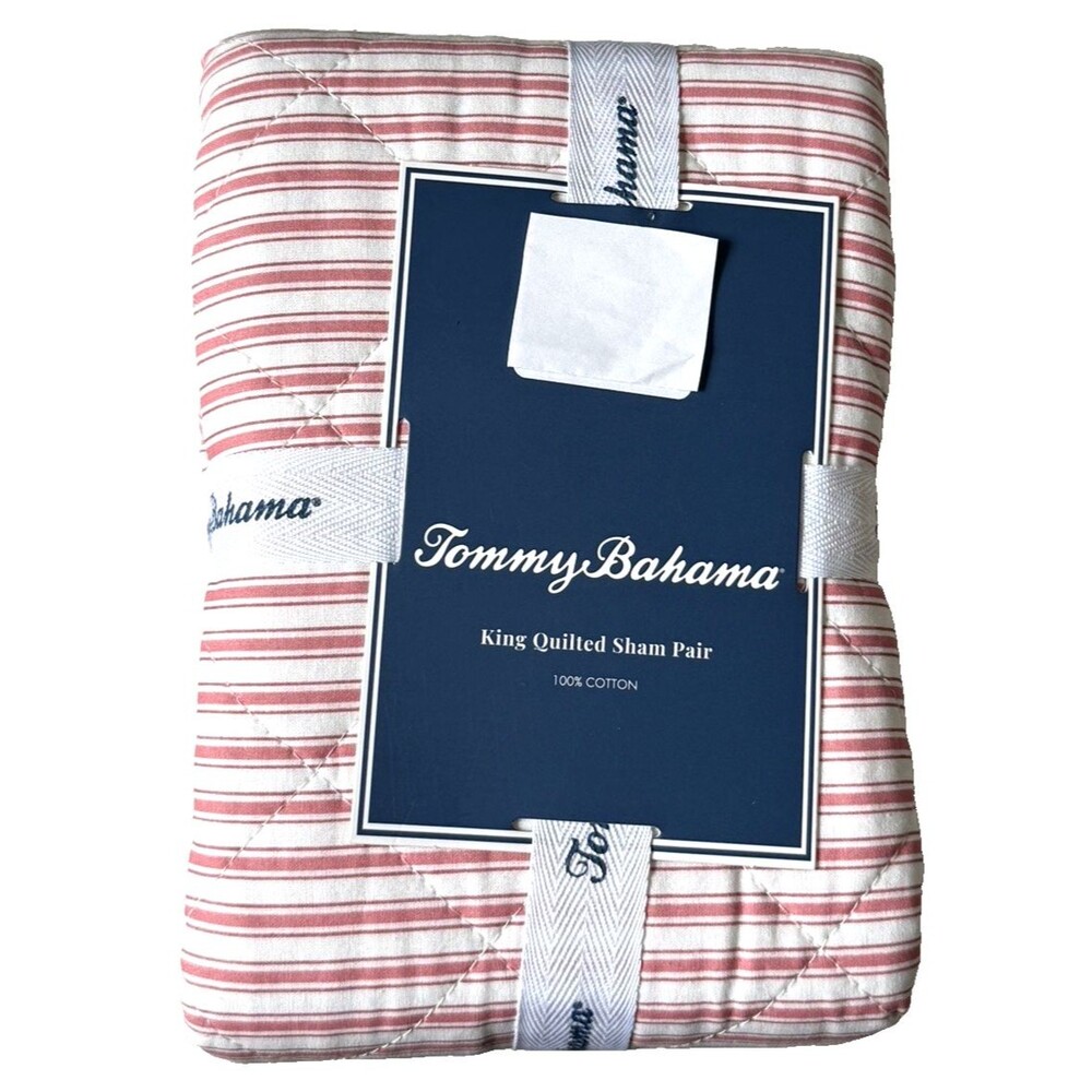 Tommy Bahama King Quilted Sham Shams 100% Cotton Makena Stripe Red Set of 2
